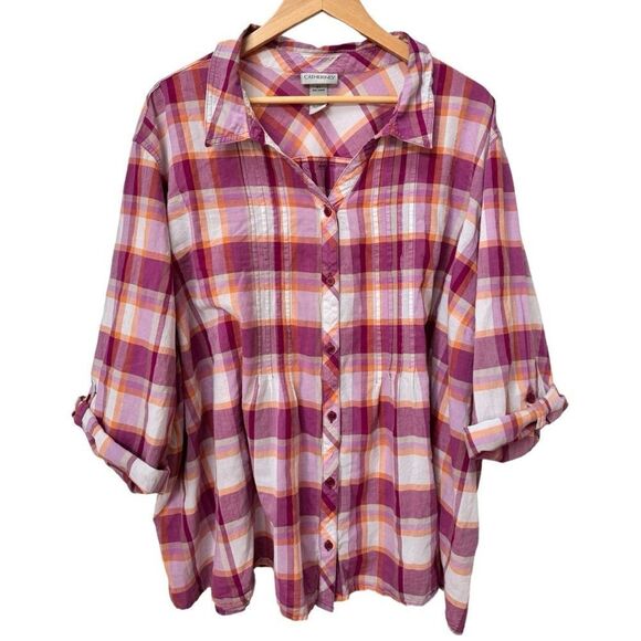 Catherines Button Front Roll Sleeve Plaid Tunic Top Blouse. 5X Plus. 34. 36. - Picture 1 of 5